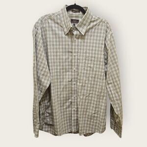 James Tattersall Mens XL Plaid Button Down Shirt Green Tan Cotton JT#248 17-17.5